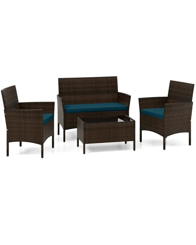 4 Piece Patio Rattan Conversation Set with Cozy Seat Cushions-Peacock Blue - Peacock Blue - Patio Conversation Sets