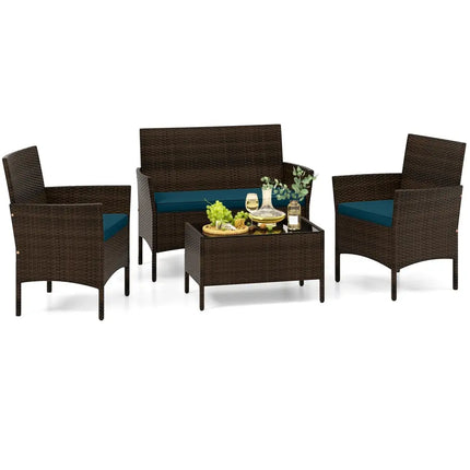 4 Piece Patio Rattan Conversation Set with Cozy Seat Cushions-Peacock Blue - Peacock Blue - Patio Conversation Sets