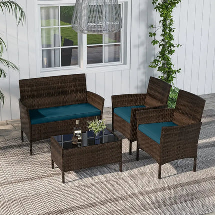 4 Piece Patio Rattan Conversation Set with Cozy Seat Cushions-Peacock Blue - Peacock Blue - Patio Conversation Sets