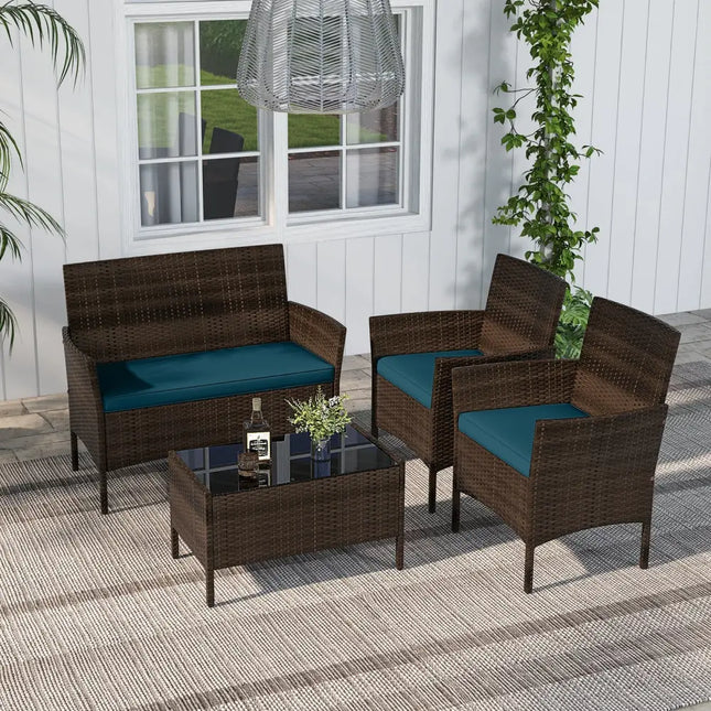 4 Piece Patio Rattan Conversation Set with Cozy Seat Cushions-Peacock Blue - Peacock Blue - Patio Conversation Sets