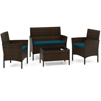 4 Piece Patio Rattan Conversation Set with Cozy Seat Cushions-Peacock Blue - Peacock Blue - Patio Conversation Sets