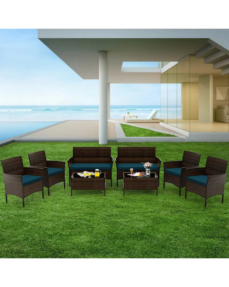 4 Piece Patio Rattan Conversation Set with Cozy Seat Cushions-Peacock Blue - Peacock Blue - Patio Conversation Sets