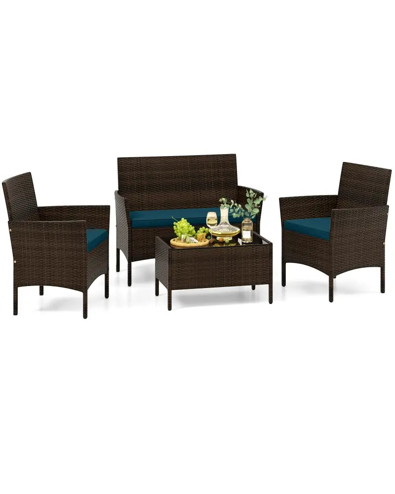 4 Piece Patio Rattan Conversation Set with Cozy Seat Cushions-Peacock Blue - Peacock Blue - Patio Conversation Sets