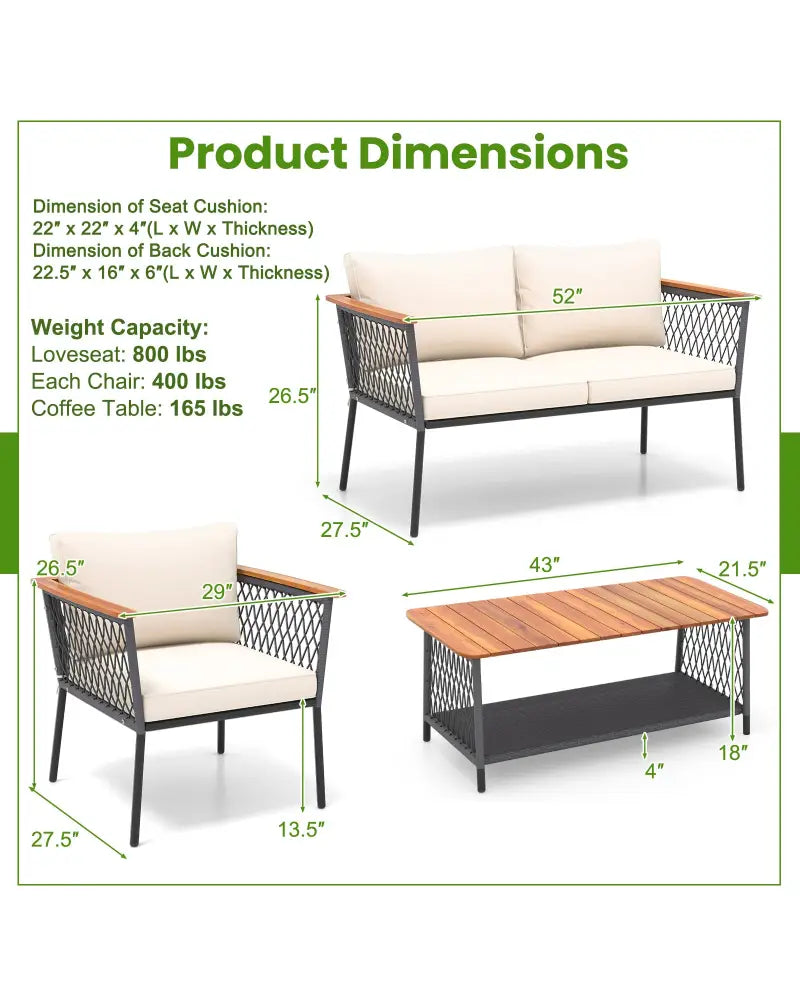 4 Piece Patio Rattan Furniture Set with 2-Tier Coffee Table-White - White - Patio Conversation Sets