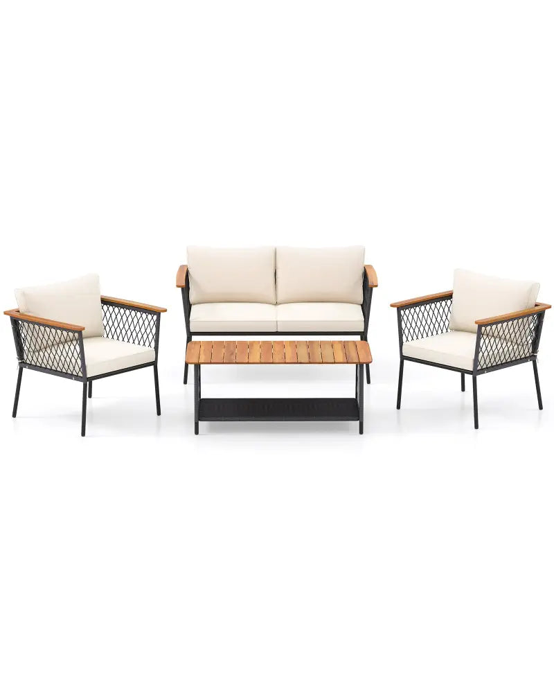 4 Piece Patio Rattan Furniture Set with 2-Tier Coffee Table-White - White - Patio Conversation Sets