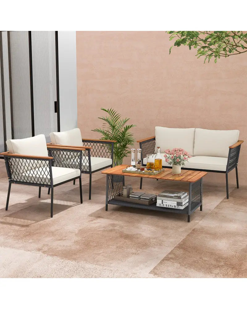 4 Piece Patio Rattan Furniture Set with 2-Tier Coffee Table-White - White - Patio Conversation Sets