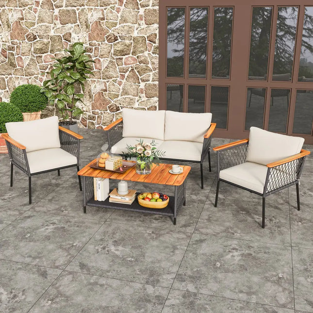 4 Piece Patio Rattan Furniture Set with 2-Tier Coffee Table-White - White - Patio Conversation Sets