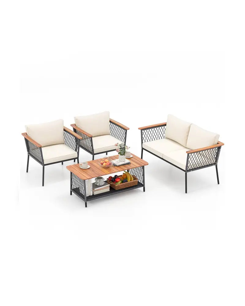 4 Piece Patio Rattan Furniture Set with 2-Tier Coffee Table-White - White - Patio Conversation Sets