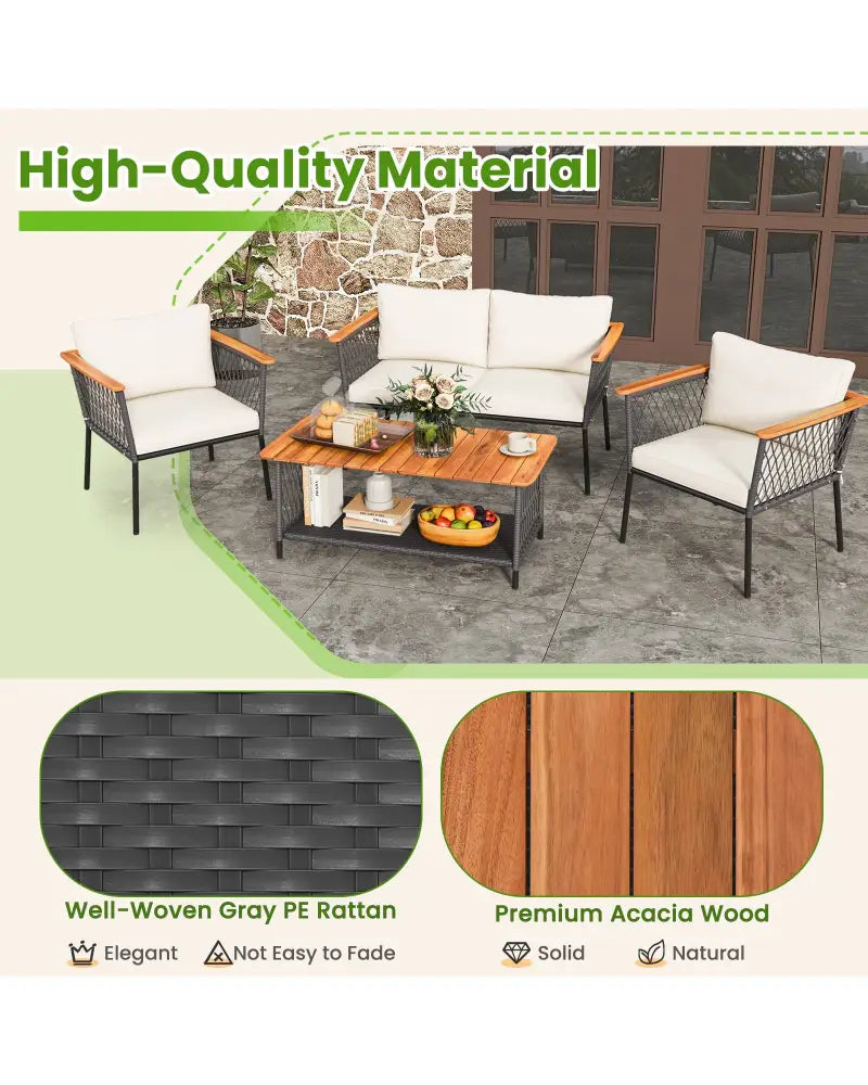 4 Piece Patio Rattan Furniture Set with 2-Tier Coffee Table-White - White - Patio Conversation Sets