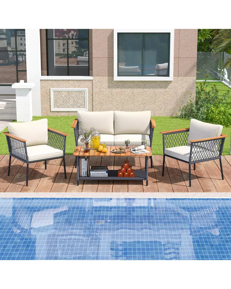 4 Piece Patio Rattan Furniture Set with 2-Tier Coffee Table-White - White - Patio Conversation Sets