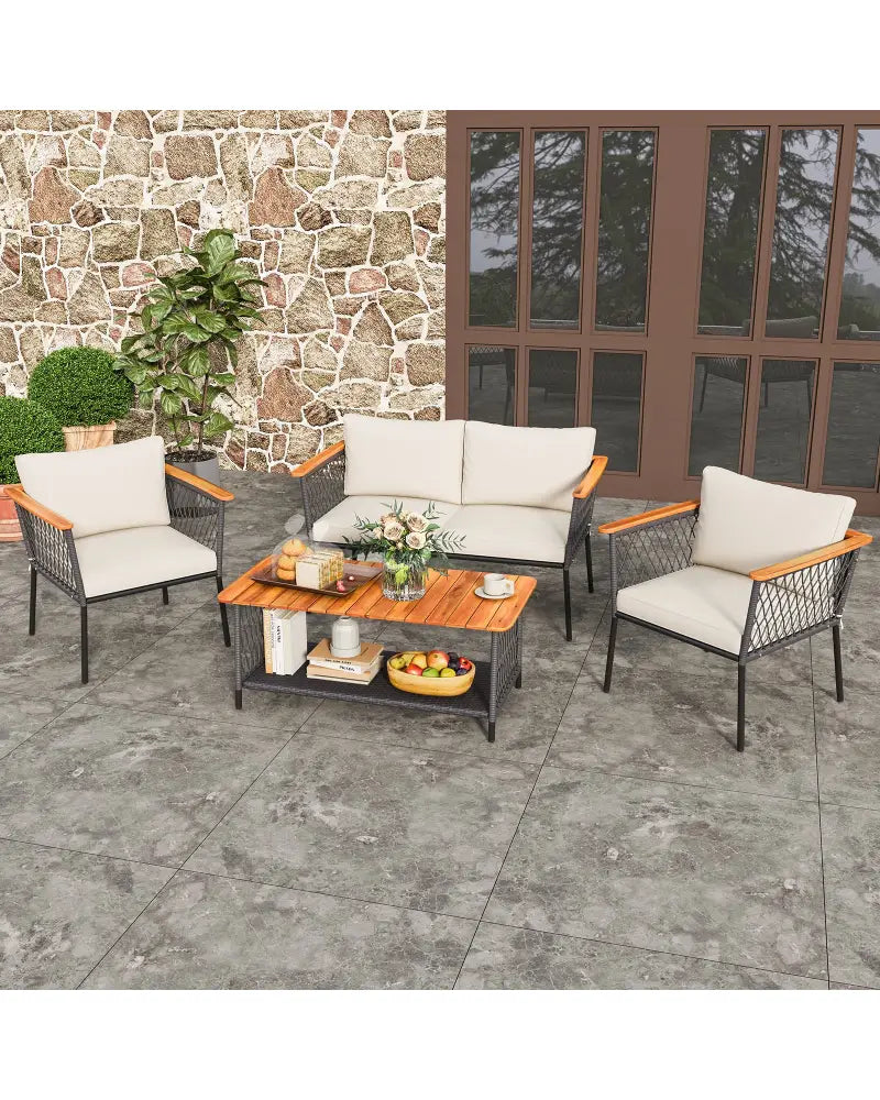 4 Piece Patio Rattan Furniture Set with 2-Tier Coffee Table-White - White - Patio Conversation Sets