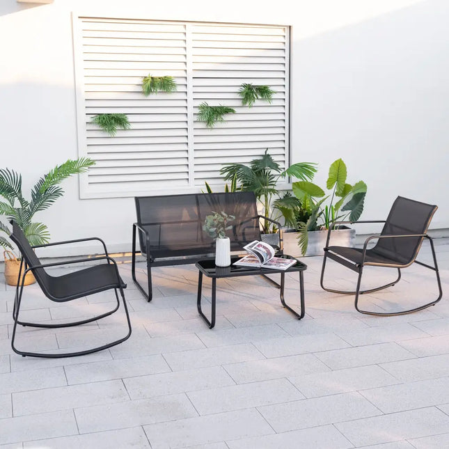 4 Piece Patio Rocking Set with Glass-Top Table-Black - Black - Patio Conversation Sets