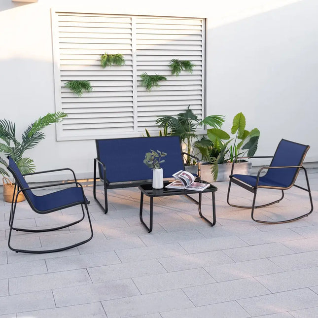 4 Piece Patio Rocking Set with Glass-Top Table-Navy - Navy - Patio Conversation Sets