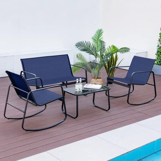 4 Piece Patio Rocking Set with Glass-Top Table-Navy - Navy - Patio Conversation Sets