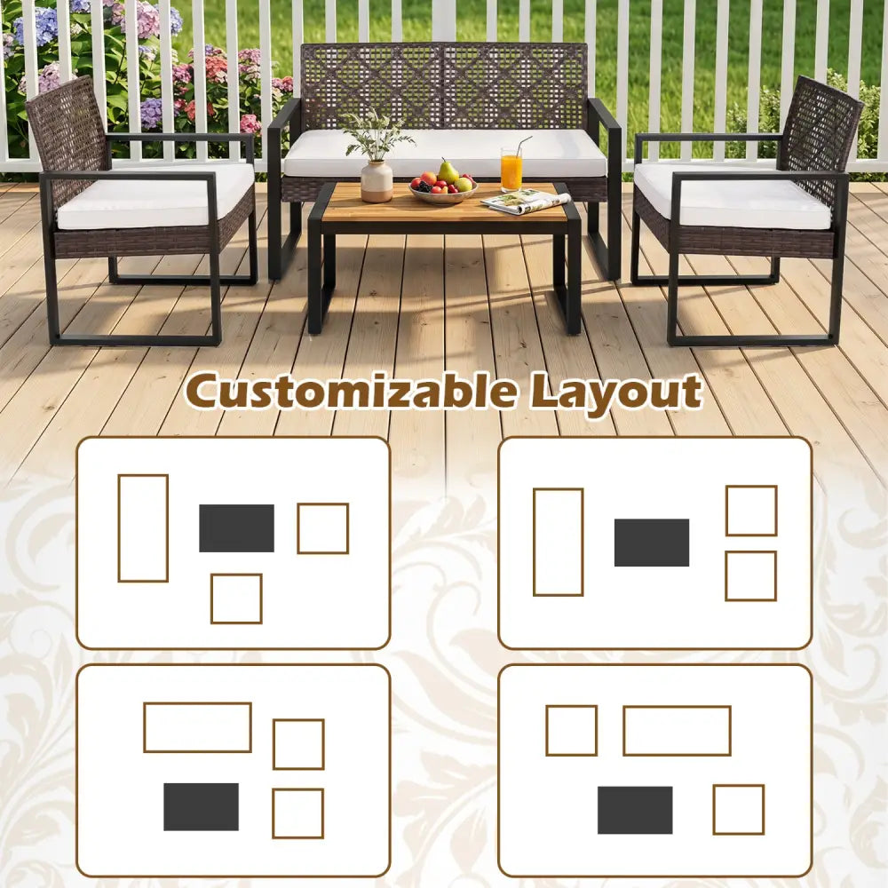 4-Piece Patio Set with Acacia Coffee Table and Wicker Chairs for Backyard-Brown & Black - Patio Conversation Sets