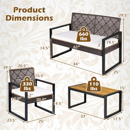 4-Piece Patio Set with Acacia Coffee Table and Wicker Chairs for Backyard-Brown & Black - Patio Conversation Sets