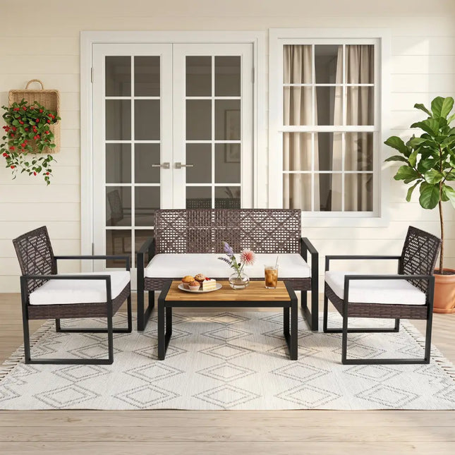 4-Piece Patio Set with Acacia Coffee Table and Wicker Chairs for Backyard-Brown & Black - Patio Conversation Sets