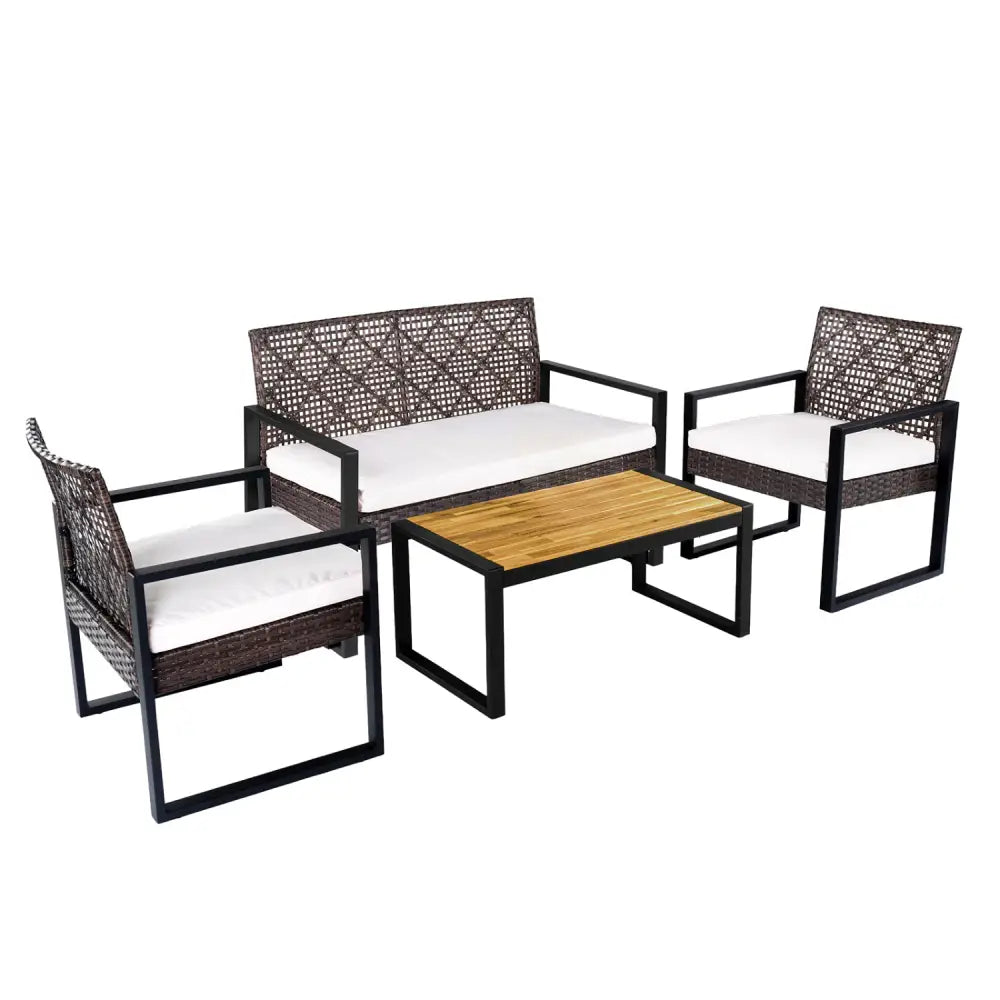 4-Piece Patio Set with Acacia Coffee Table and Wicker Chairs for Backyard-Brown & Black - Patio Conversation Sets