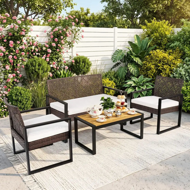 4-Piece Patio Set with Acacia Coffee Table and Wicker Chairs for Backyard-Brown & Black - Patio Conversation Sets