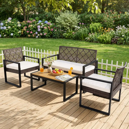 4-Piece Patio Set with Acacia Coffee Table and Wicker Chairs for Backyard-Brown & Black - Patio Conversation Sets