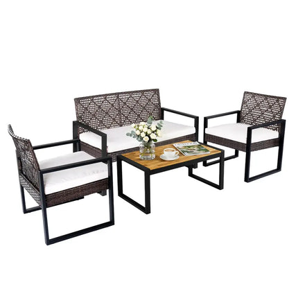 4-Piece Patio Set with Acacia Coffee Table and Wicker Chairs for Backyard-Brown & Black - Patio Conversation Sets