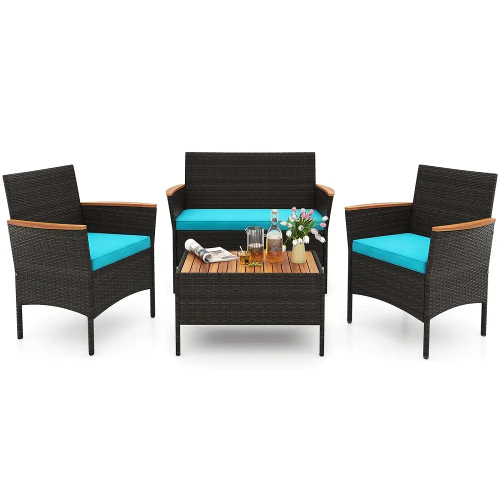 4 Piece Patio Wicker Sofa Set 2 Rattan Chairs and Loveseat with Table-Turquoise - Turquoise - Patio Conversation Sets
