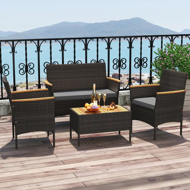 4 Piece Patio Wicker Sofa Set 2 Rattan Chairs and Loveseat with Table-Grey - Gray - Patio Conversation Sets