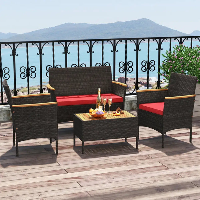 4 Piece Patio Wicker Sofa Set 2 Rattan Chairs and Loveseat with Table-Red - Red - Patio Conversation Sets