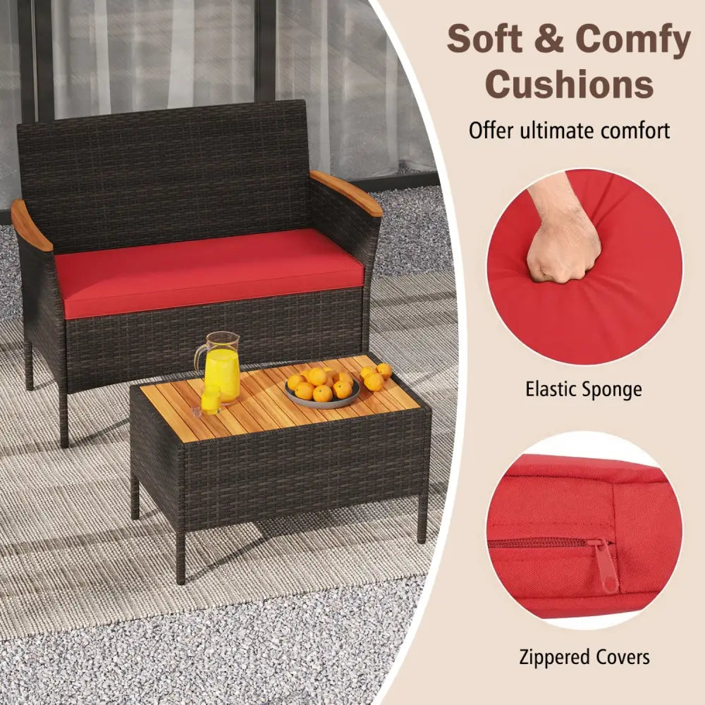 4 Piece Patio Wicker Sofa Set 2 Rattan Chairs and Loveseat with Table-Red - Red - Patio Conversation Sets
