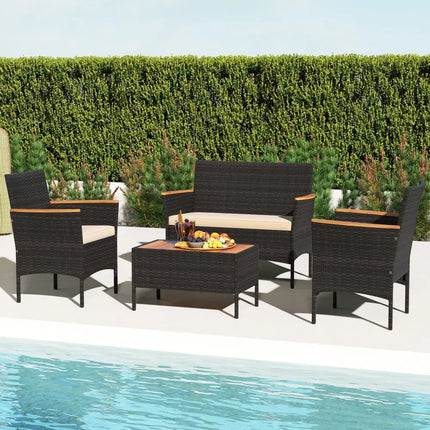 4 Piece Patio Wicker Sofa Set 2 Rattan Chairs and Loveseat with Table-Brown - Brown - Patio Conversation Sets