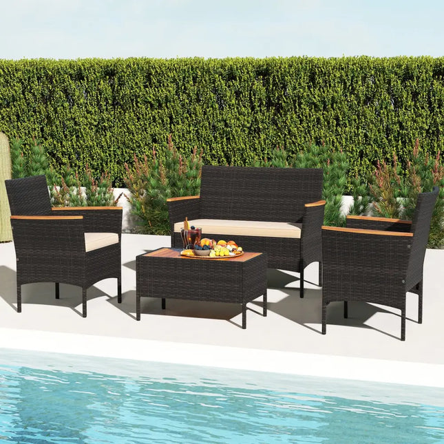 4 Piece Patio Wicker Sofa Set 2 Rattan Chairs and Loveseat with Table-Brown - Brown - Patio Conversation Sets