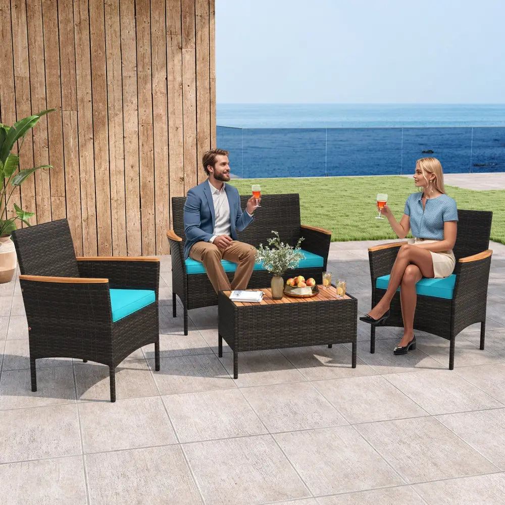 4 Piece Patio Wicker Sofa Set 2 Rattan Chairs and Loveseat with Table-Turquoise - Turquoise - Patio Conversation Sets