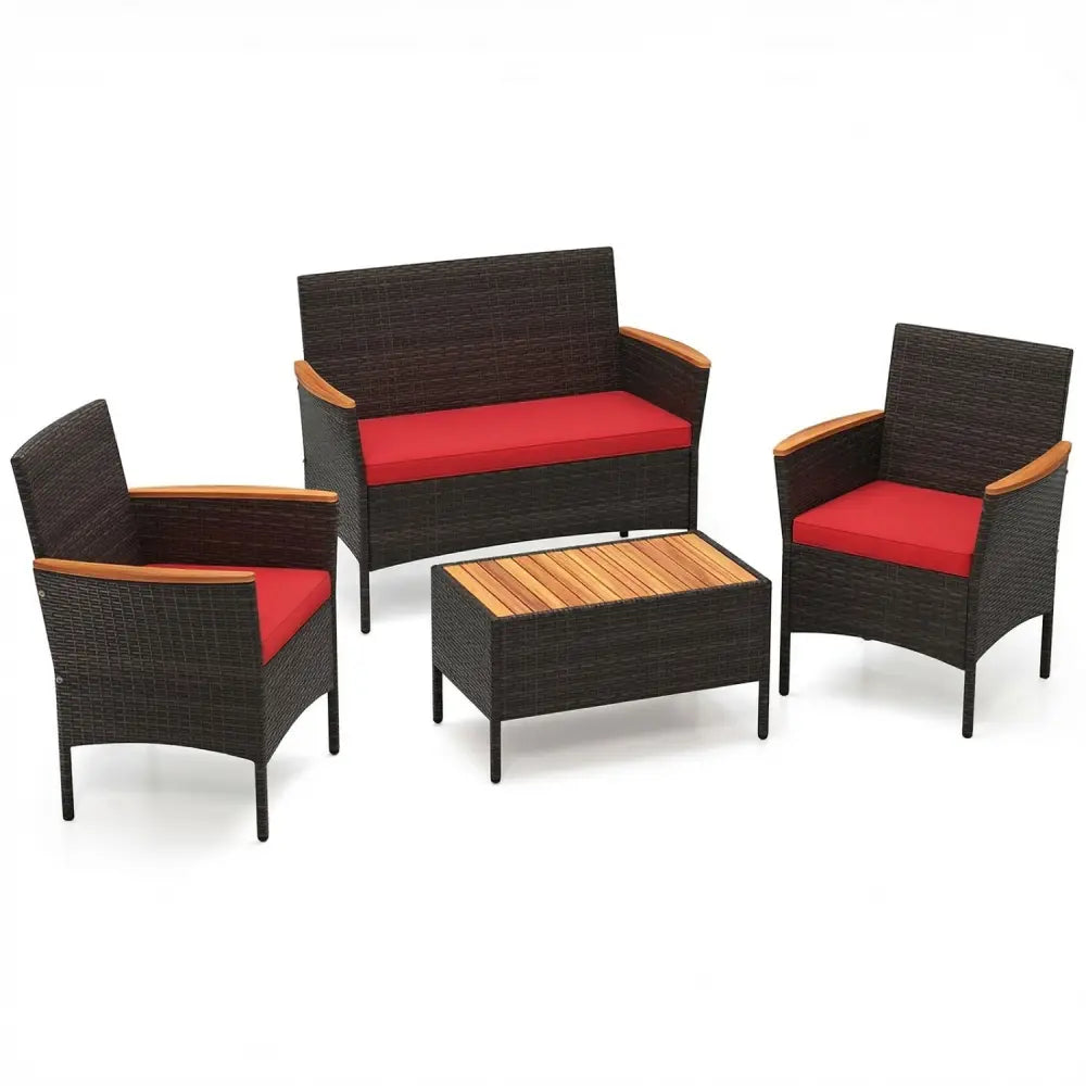 4 Piece Patio Wicker Sofa Set 2 Rattan Chairs and Loveseat with Table-Red - Red - Patio Conversation Sets