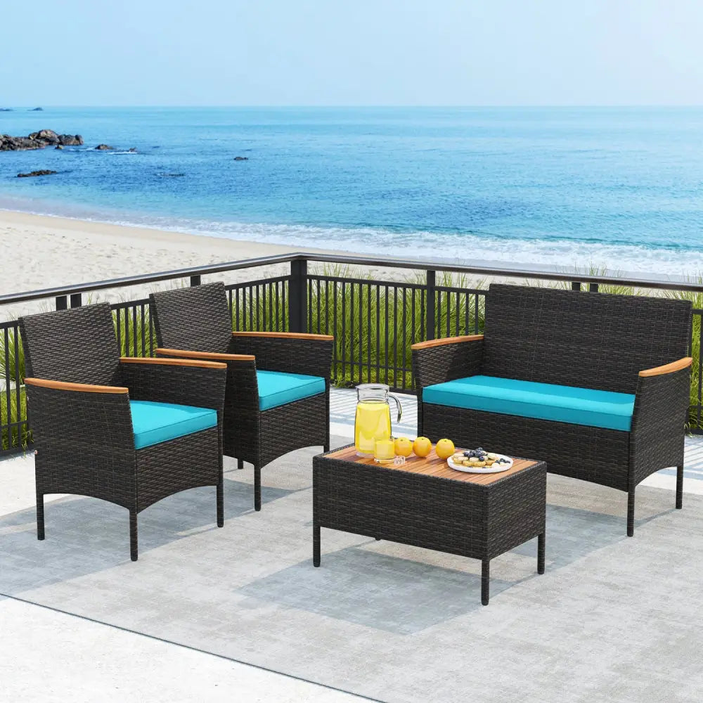4 Piece Patio Wicker Sofa Set 2 Rattan Chairs and Loveseat with Table-Turquoise - Turquoise - Patio Conversation Sets