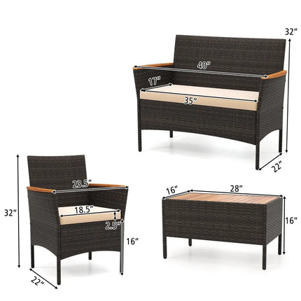 4 Piece Patio Wicker Sofa Set 2 Rattan Chairs and Loveseat with Table-Brown - Brown - Patio Conversation Sets