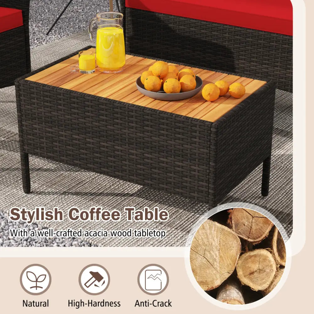 4 Piece Patio Wicker Sofa Set 2 Rattan Chairs and Loveseat with Table-Red - Red - Patio Conversation Sets