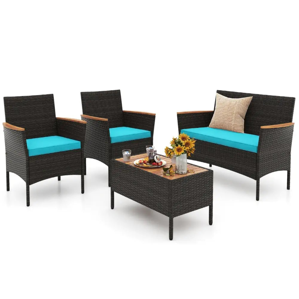 4 Piece Patio Wicker Sofa Set 2 Rattan Chairs and Loveseat with Table-Turquoise - Turquoise - Patio Conversation Sets