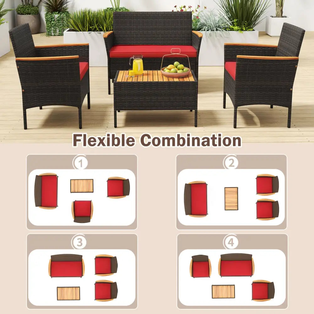 4 Piece Patio Wicker Sofa Set 2 Rattan Chairs and Loveseat with Table-Red - Red - Patio Conversation Sets