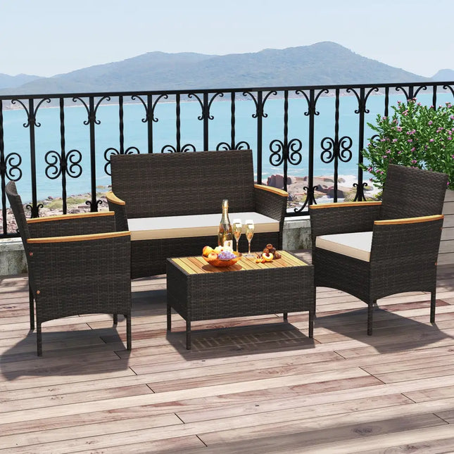 4 Piece Patio Wicker Sofa Set 2 Rattan Chairs and Loveseat with Table-Brown - Brown - Patio Conversation Sets