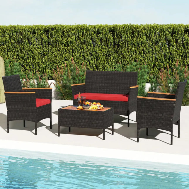 4 Piece Patio Wicker Sofa Set 2 Rattan Chairs and Loveseat with Table-Red - Red - Patio Conversation Sets