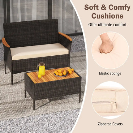 4 Piece Patio Wicker Sofa Set 2 Rattan Chairs and Loveseat with Table-Brown - Brown - Patio Conversation Sets
