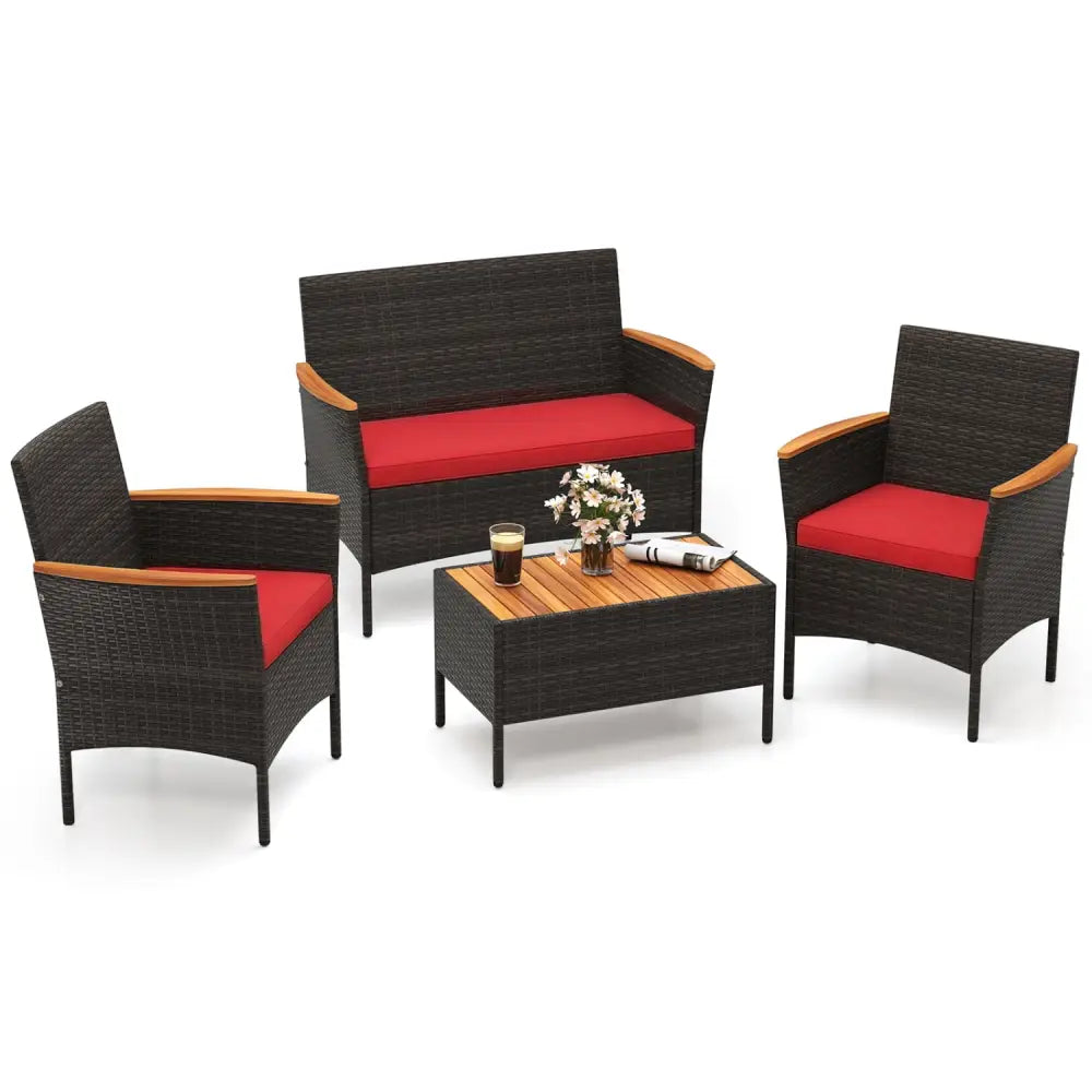 4 Piece Patio Wicker Sofa Set 2 Rattan Chairs and Loveseat with Table-Red - Red - Patio Conversation Sets