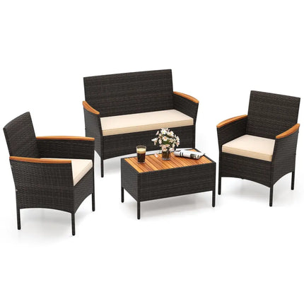 4 Piece Patio Wicker Sofa Set 2 Rattan Chairs and Loveseat with Table-Brown - Brown - Patio Conversation Sets