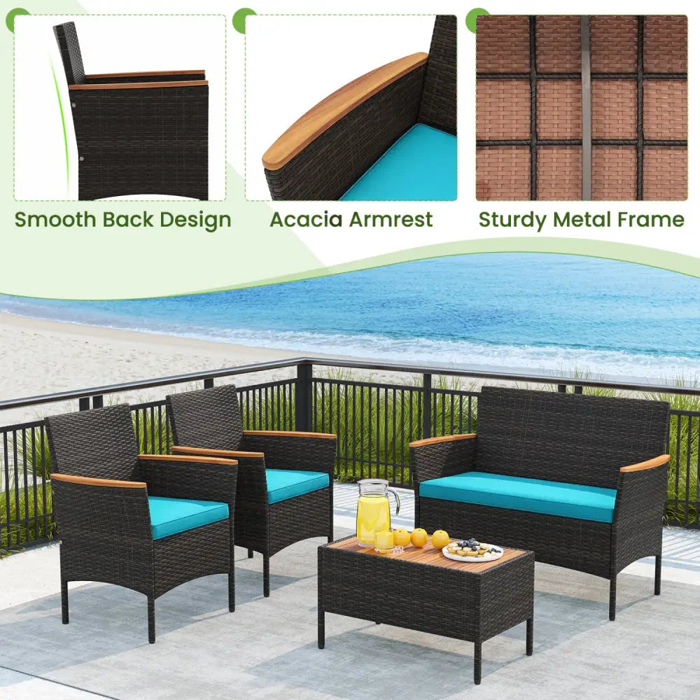 4 Piece Patio Wicker Sofa Set 2 Rattan Chairs and Loveseat with Table-Turquoise - Turquoise - Patio Conversation Sets