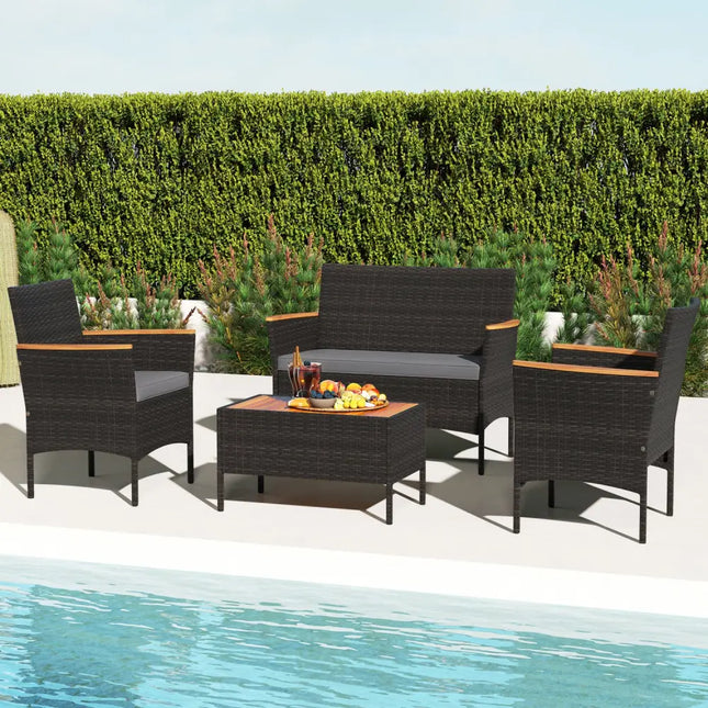 4 Piece Patio Wicker Sofa Set 2 Rattan Chairs and Loveseat with Table-Grey - Gray - Patio Conversation Sets