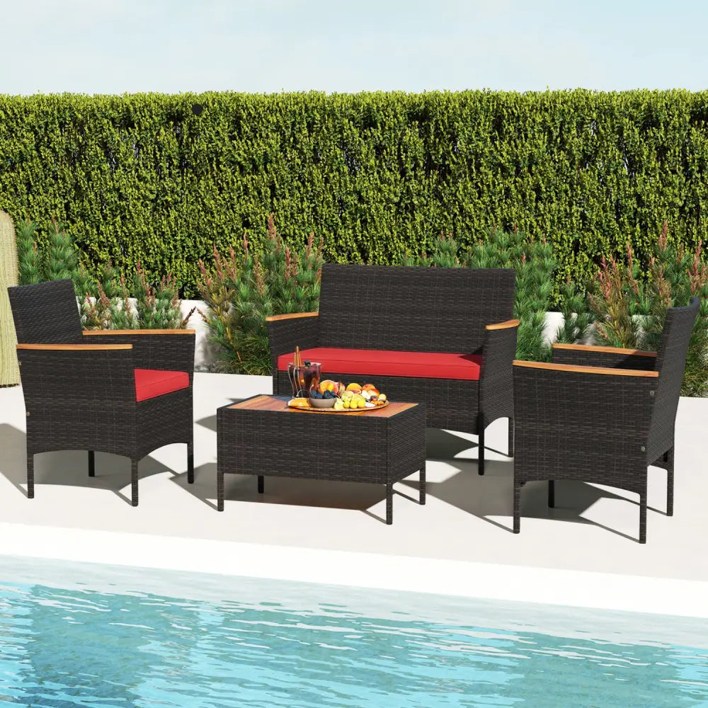 4 Piece Patio Wicker Sofa Set 2 Rattan Chairs and Loveseat with Table-Red - Red - Patio Conversation Sets