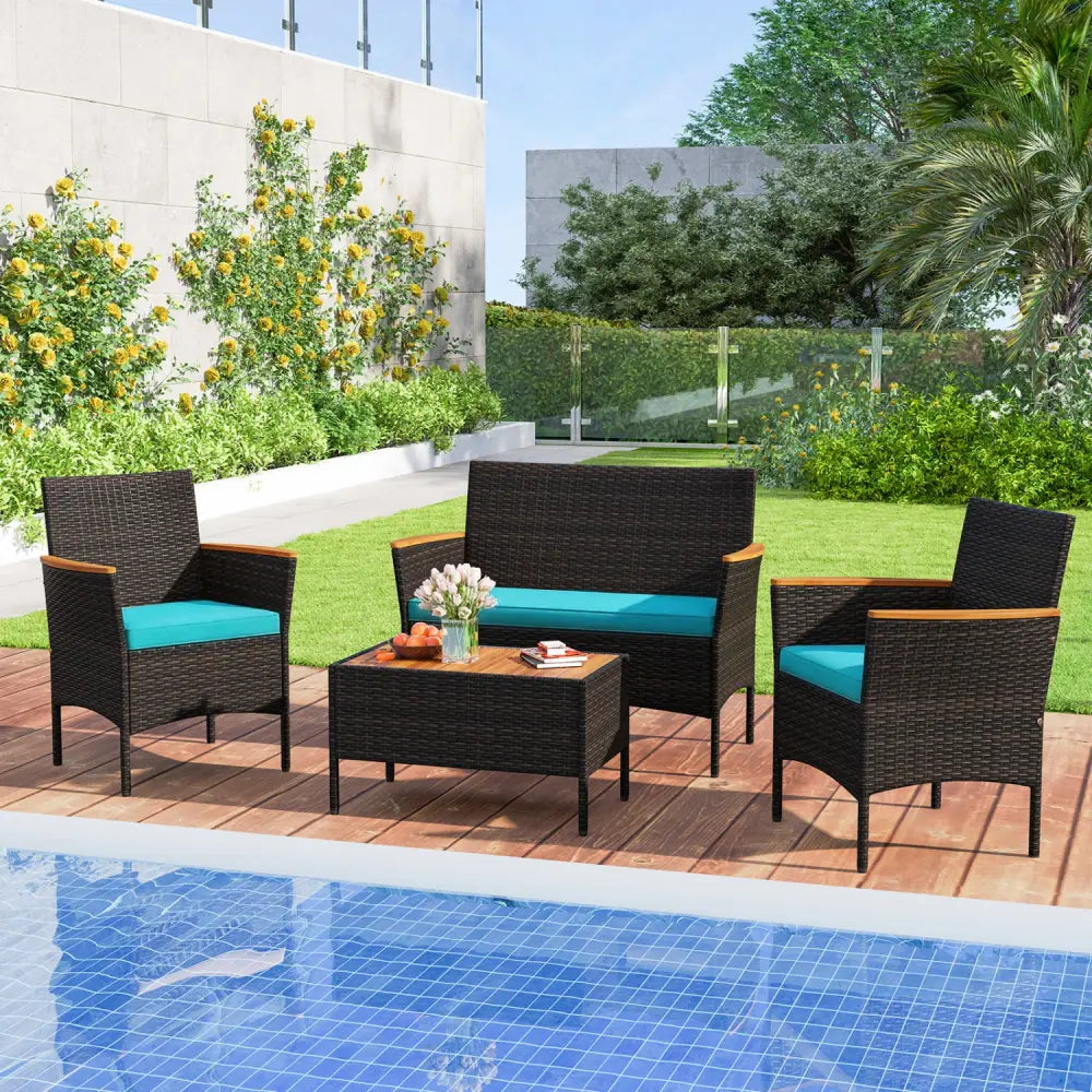 4 Piece Patio Wicker Sofa Set 2 Rattan Chairs and Loveseat with Table-Turquoise - Turquoise - Patio Conversation Sets