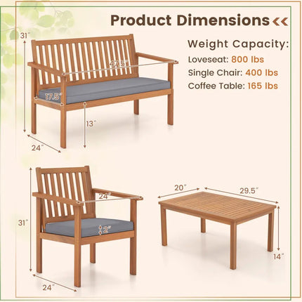 4 Piece Patio Wood Furniture Set Acacia Wood Sofa Set with Loveseat-Gray - Gray - Patio Conversation Sets