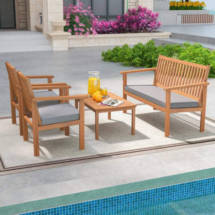 4 Piece Patio Wood Furniture Set Acacia Wood Sofa Set with Loveseat-Gray - Gray - Patio Conversation Sets
