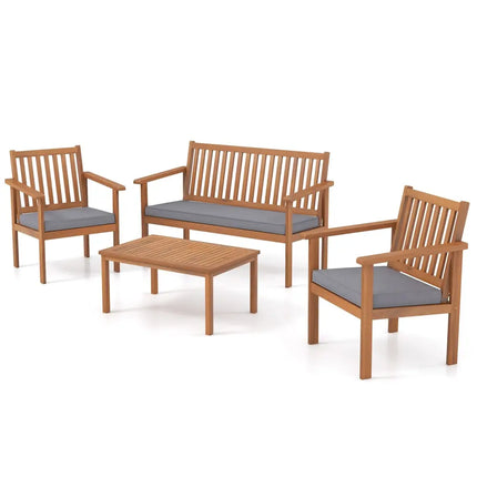 4 Piece Patio Wood Furniture Set Acacia Wood Sofa Set with Loveseat-Gray - Gray - Patio Conversation Sets